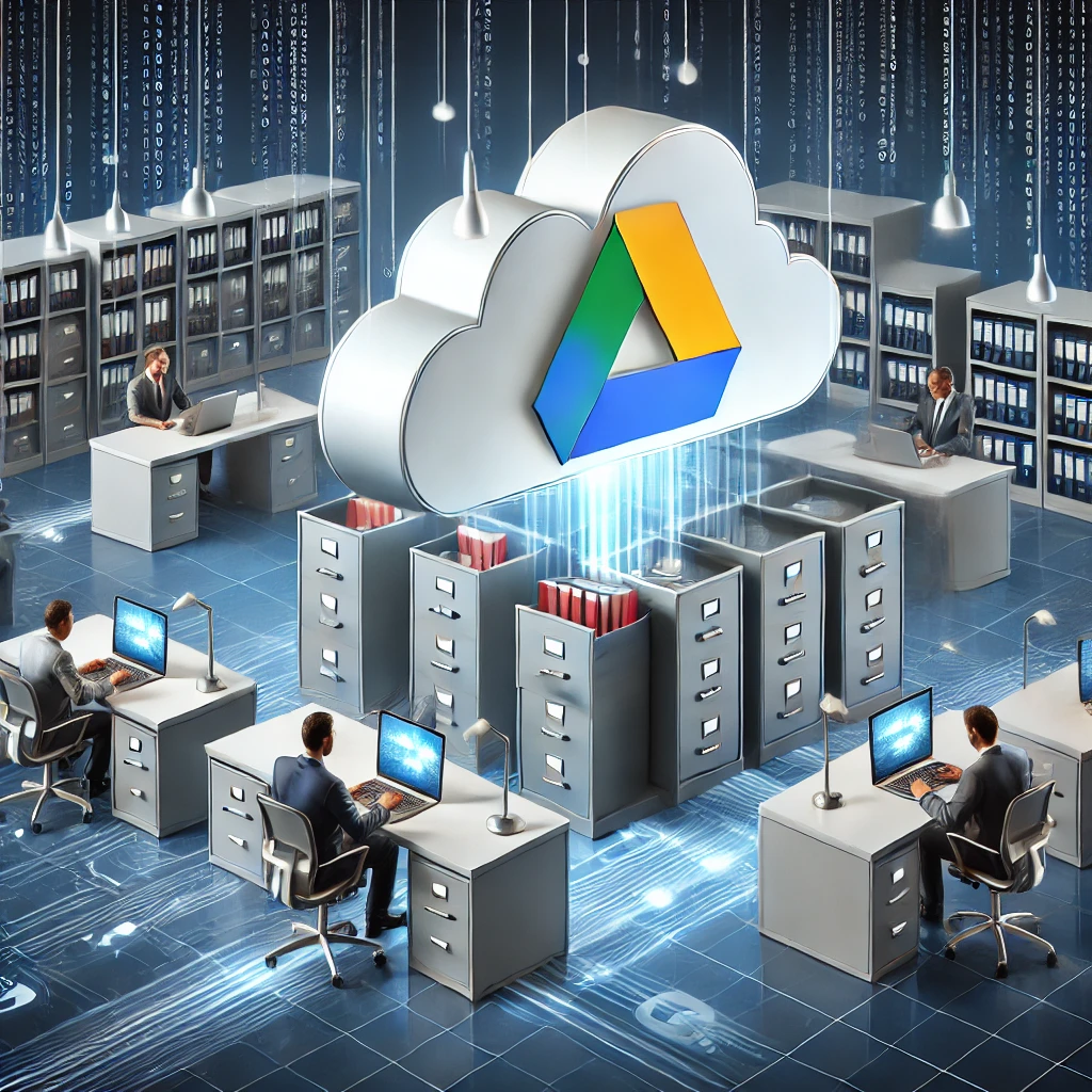 Migración a la nube: Cómo mover todos los documentos de tu empresa a Google Drive DALL·E 2025 02 01 16.55.44 A Modern Office Environment Illustrating Cloud Migration For Businesses. A Visual Representation Of Digital Files Transferring From Physical Storage